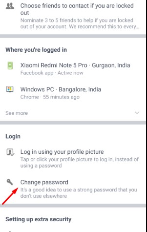 Facebook Change Password option