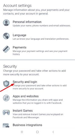 Facebook settings for password change