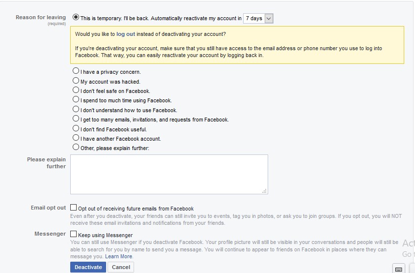 Facebook Deactivate Account form