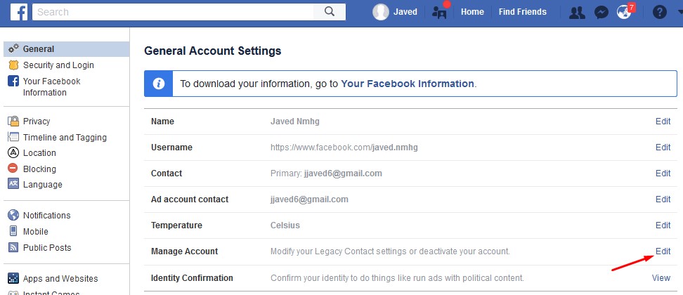 Facebook General Account Settings