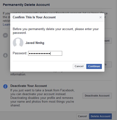 facebook password for account delete