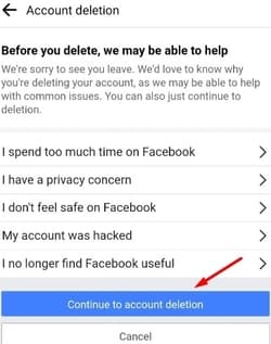 Facebook Continue to Account Deletion